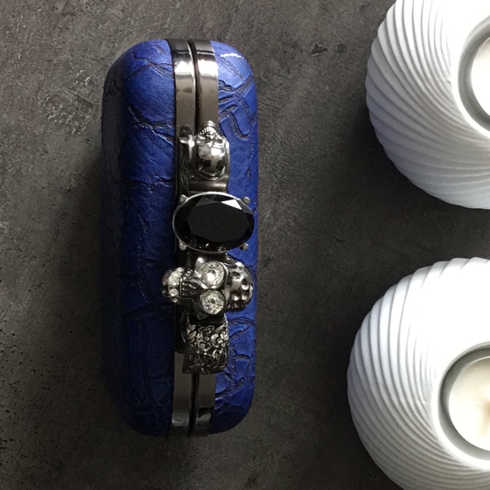 Beautiful evening blue leather clutch with stone detail and chain